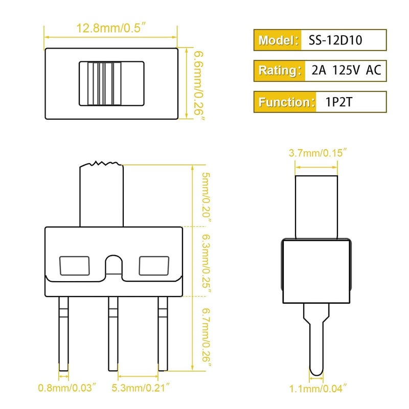 Juasky 20pcs Micro Slide Switch,High Knob Vertical Slide Switch SPDT 3 Pin 2 Position 1p2t Panel SS-12D10 - Image 3